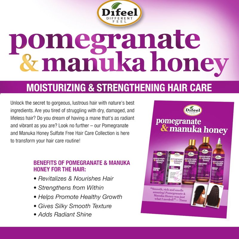 Difeel Pomegranate & Manuka Honey Shampoo - Sulfate-Free Formula for Strengthening & Moisturizing 33.8 oz