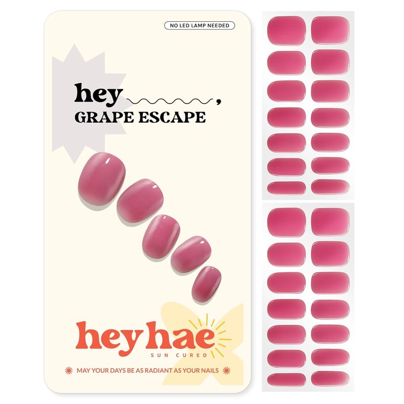 Semi Cured Gel Nail Strips - Easy Apply & Remove, Salon Quality | Summer Solid Red | 28 Strips, Prep Pads & Nail File Included - Grape Escape