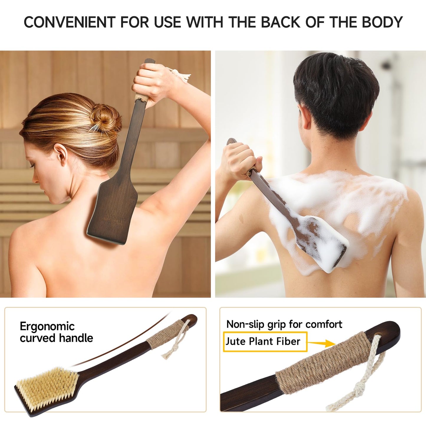 ENAMELEVO Back Scrubber Shower Brush,Dry Brushing Body Brush with 17.7 Inch Curved Long Handle, Natural Bristles for Lymphatic Drainage, Soft & Stiff Bristles Available (Natural Fiber, Stiff)