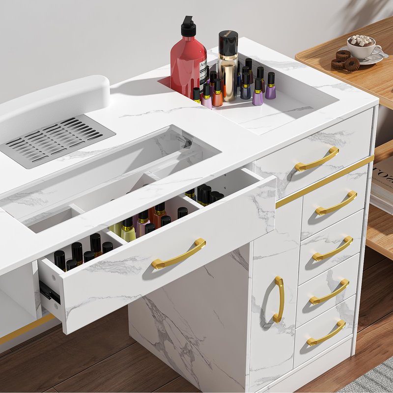 ELEVACHIC Manicure Table Nail Desk w/Electric Dust Collector, Glass Top Versatile Manicure Station for Nail Tech, Includes Wrist Cushion, Storage Cabinet & Drawers, Shelves, for Salon & Home, White