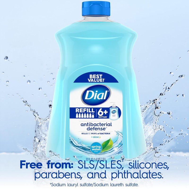 Dial Antibacterial Defense Liquid Hand Soap + Aloe, Spring Water Scent, 52 Fl Oz Hand Soap Refill (Pack of 3), Dermatologist-Tested, Gentle Formula
