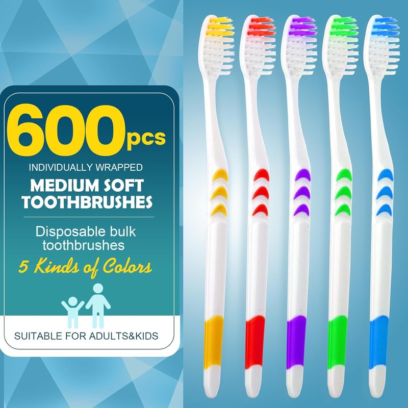 Navona 600 PCS Premium Toothbrushes - Individually Wrapped, Medium Soft Bristles | Ideal for Travel & Donations