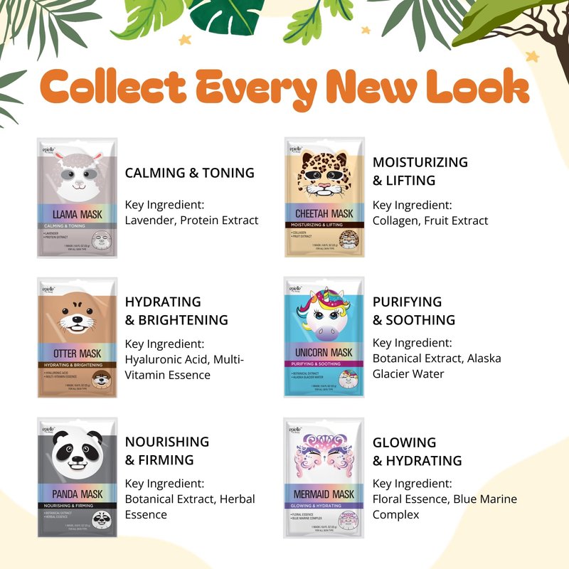 Epielle Character Face Mask Mystical Safari 12 Pack, Fun & Effective Korean Skin Care, Spa Party Favors, Birthday Gifts for Women, Self Care Gifts
