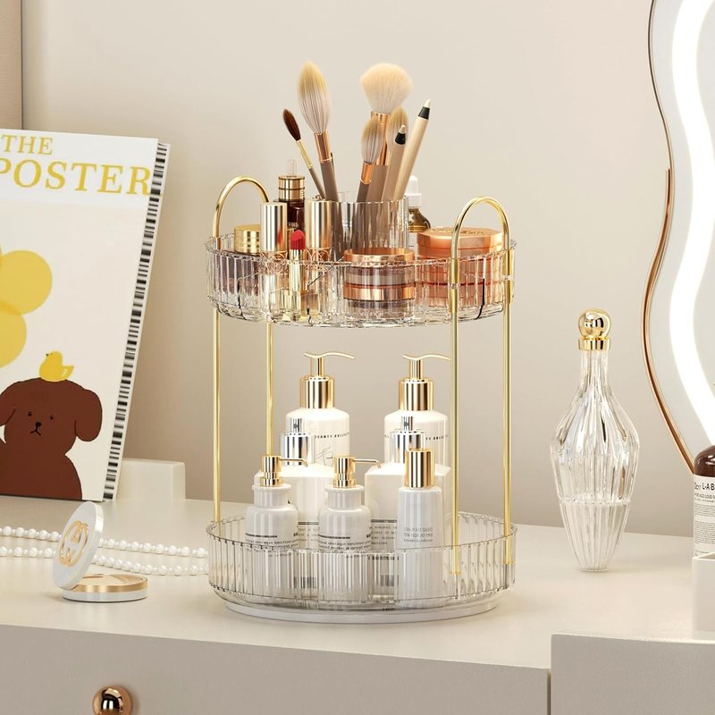 360° Rotating Makeup Organizer - Upgraded 2-Tier Skincare & Perfume Storage | Clear Cosmetic Dresser with Brush Holder