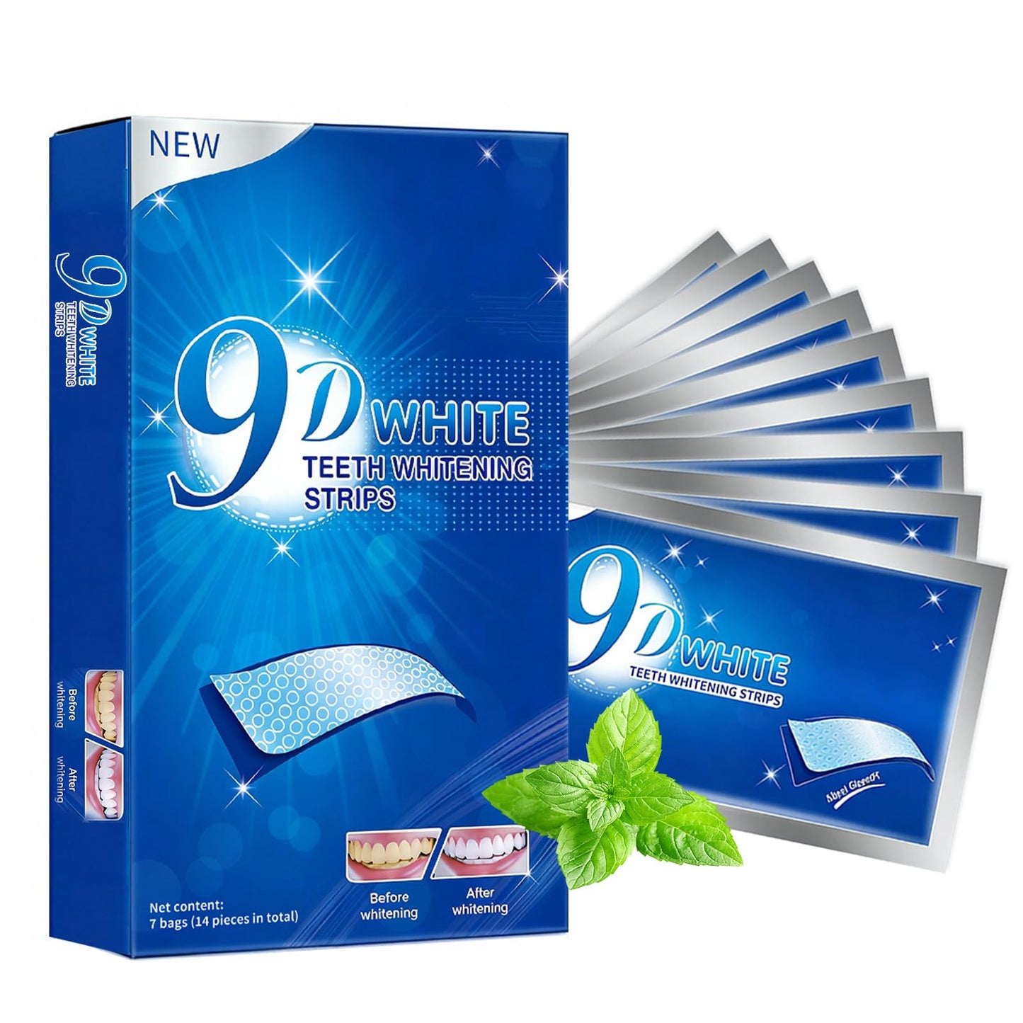 Teeth Whitening Strips for Sensitive Teeth - 9D Teeth Whitening Kit Professional Effects, Teeth Whitener for Enamel Safe, 14 White Strips (7 Day Treatment) Remove Stains for a Brighter Smile, Mint
