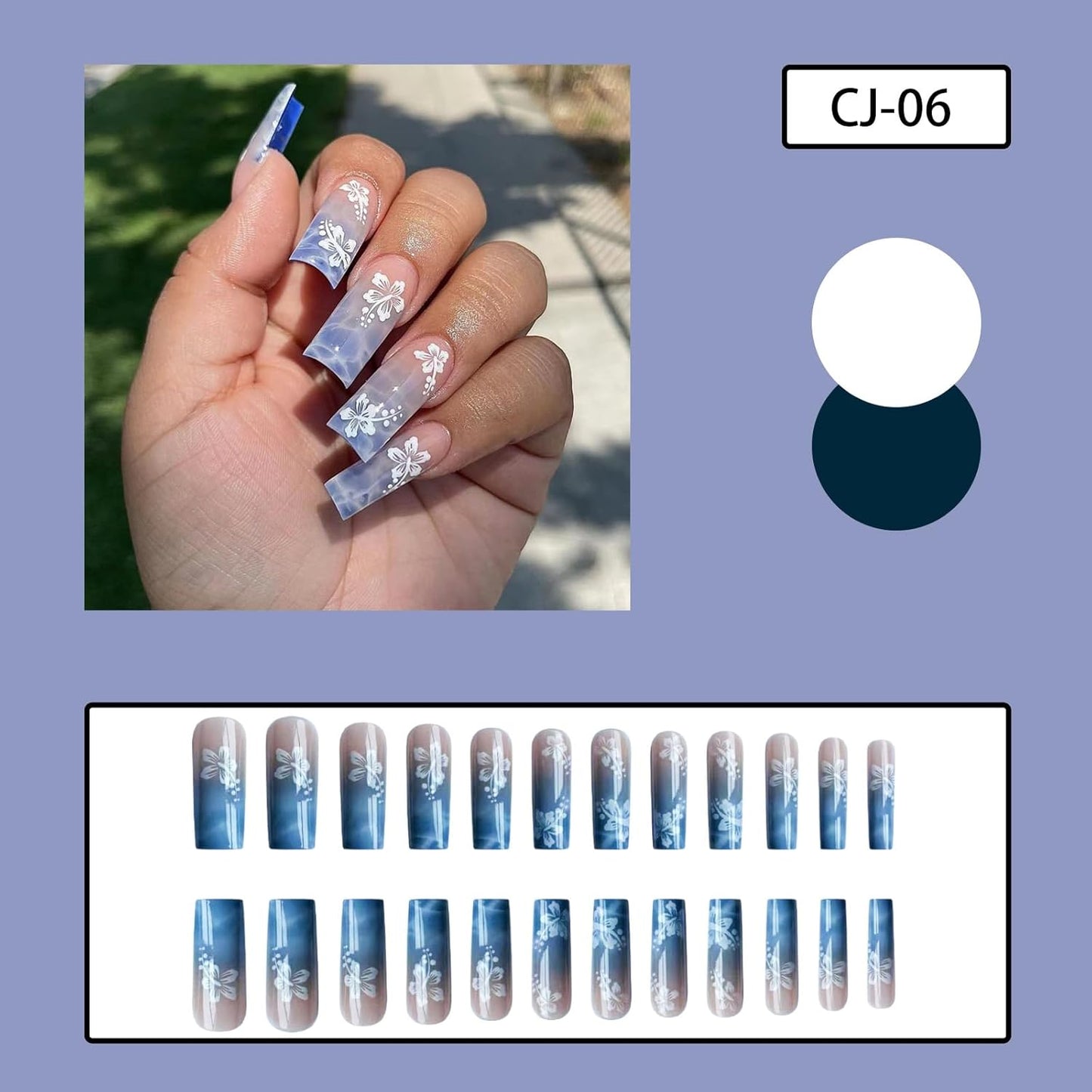 Square Press On Nails - Long Flower Gradient Design | Blue Full Cover Acrylic False Nails, 24pcs
