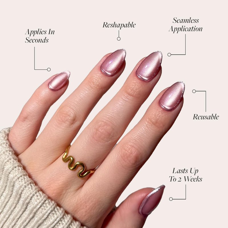 Glamnetic Press On Nails - Mertini | Short Almond Pink Cat Eye Fake Nails with Raised Gold Foil Accents, Salon Quality Summer Nails | 15 Sizes - 30 Nail Kit with Glue
