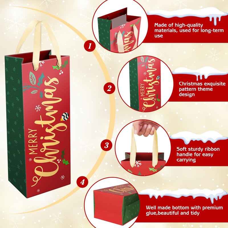 DeckTheHalls Christmas Gift Bags, 8 Pcs Wine Gift Bags with Unique Xmas Designs, Christmas Goody Bags with Ribbon Handles, Reusable Wine Bottle Wrap Bags for Xmas, Engagements & Party