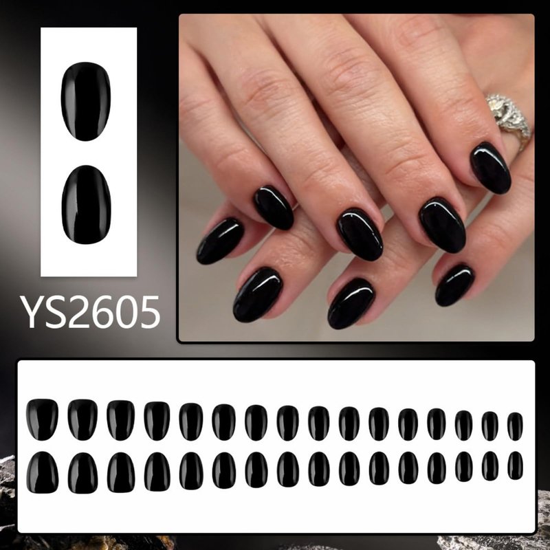 Black Solid Color Press On Nails Short Almond Fake Nails Glossy Full Cover Stick On Nail for Women Manicure 32Pcs