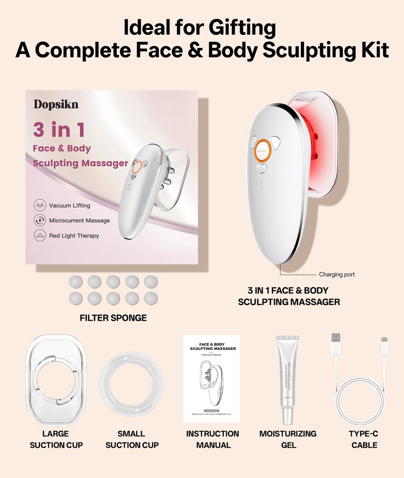Dopsikn Body Sculpting Machine with Red Light Therapy for Face & Body, Cupping Therapy, Electric Cellulite Massage Tool with 2 Cups, Gift for Women, White