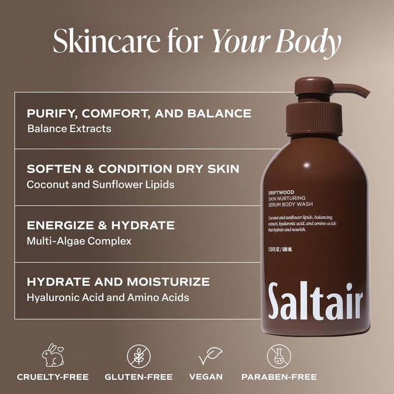 Saltair Body Wash 2-Pack – Moisturizing Body Wash with Hyaluronic Acid & Amino Acids – Scented Shower Gel for Women and Men – Driftwood Scent, 2x 17oz – Vegan, Cruelty-Free, Paraben-Free