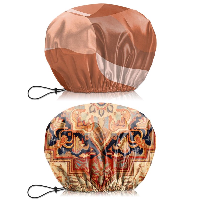 BHAHB 2 PCS Shower Cap Waterproof Double Layer Elastic Adjustable Reusable Hair Bath Caps for Girls Women Cute Aesthetic-Red