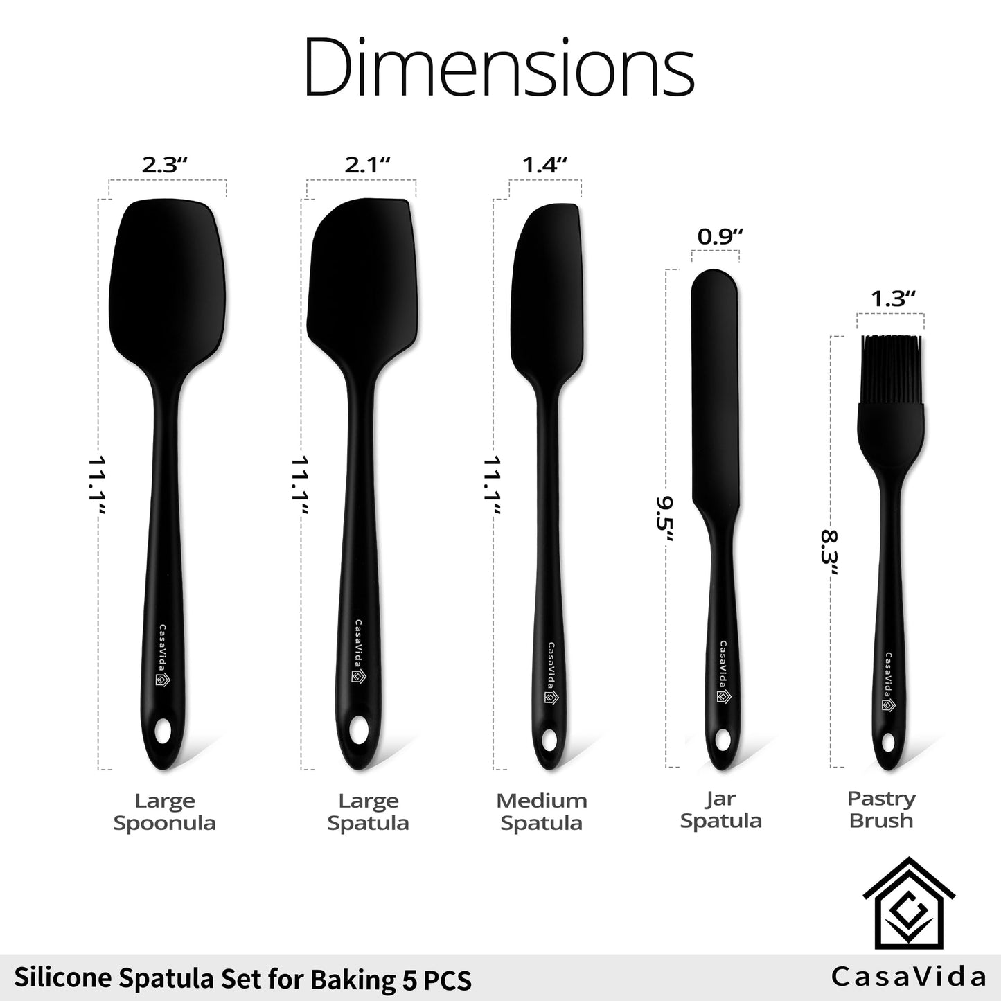 CasaVida Silicone Spatula Set One-piece Seamless High Heat Resistant Non Stick Bakery Spatula Flexible BPA Free Dishwasher Safe Kitchen Utensils Bakeware Cookware Cooking Baking Mixing Black 8pcs