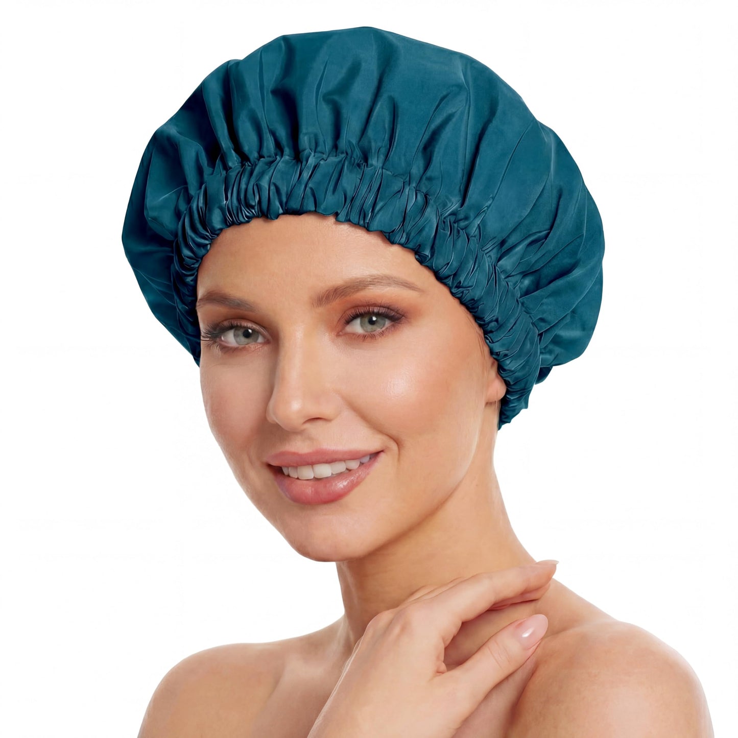 Reusable Shower Cap for Women, Large Waterproof Shower Bonnet with Elastic Band, Washable Bath Hair Cap for Long, Curly Hair, Braids, Daily Shower, Home Spa, Travel(Blue Zircon)