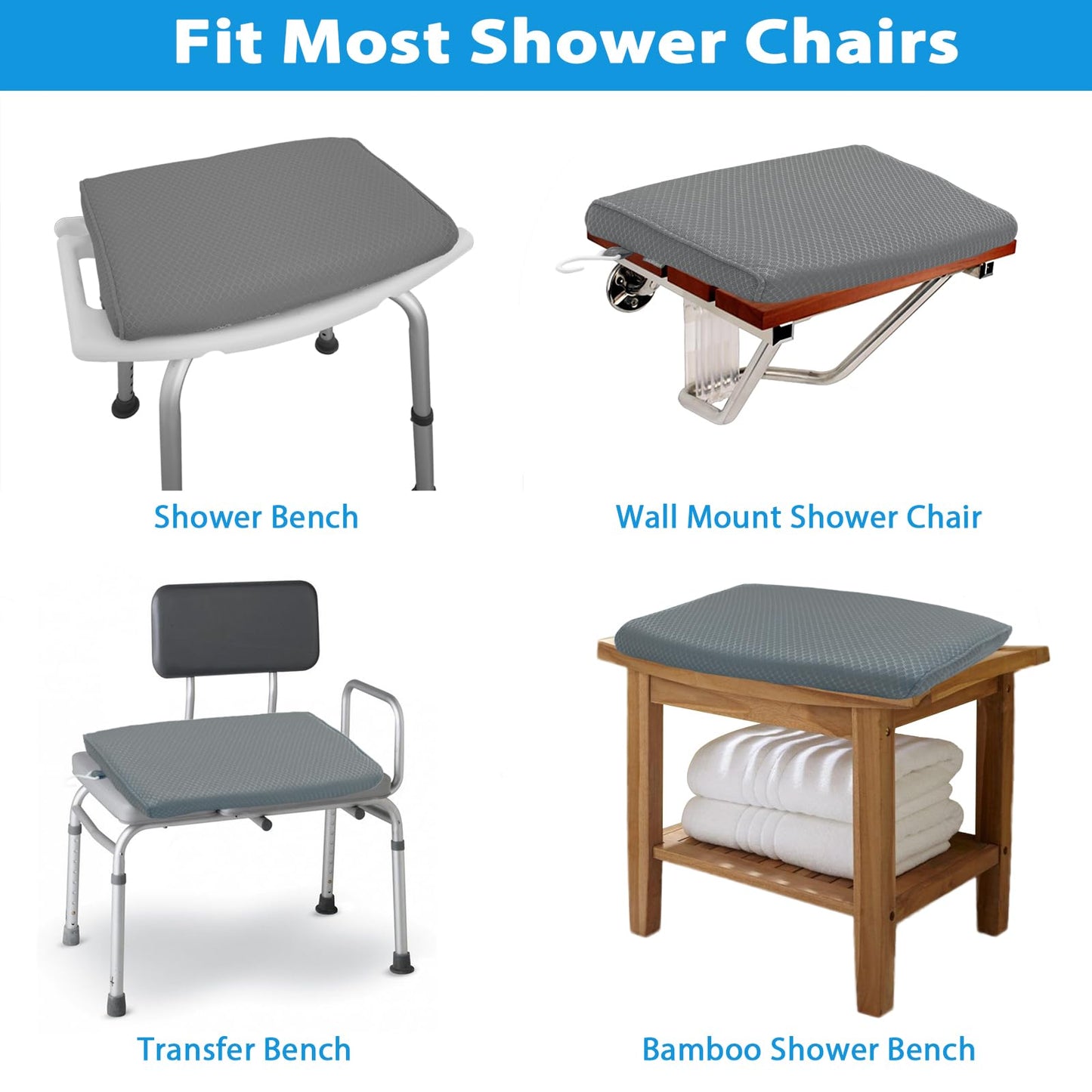 Shower Seat Cushion, Shower Chair Cushion for Transfer Benches in Bathtub, Cushion for Sauna, 3D Mesh Pad with Hook, Slip-Resistant, Design for Elderly, Senior, Handicap Disabled