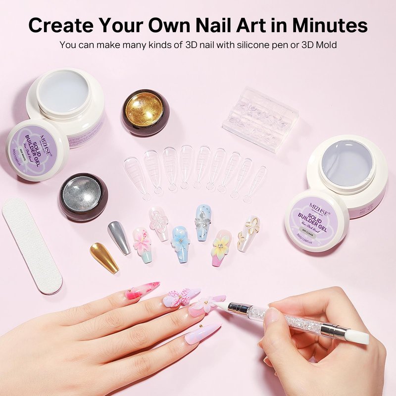 MIZHSE 2Pcs 3D Nail Gel Sculpting Gels, Clear and White Solid Builder Gel for Nails with Silicone Nail Molds Molding Gels 3D Art Non-Sticky Hand UV LED for Nails Salon Home DIY
