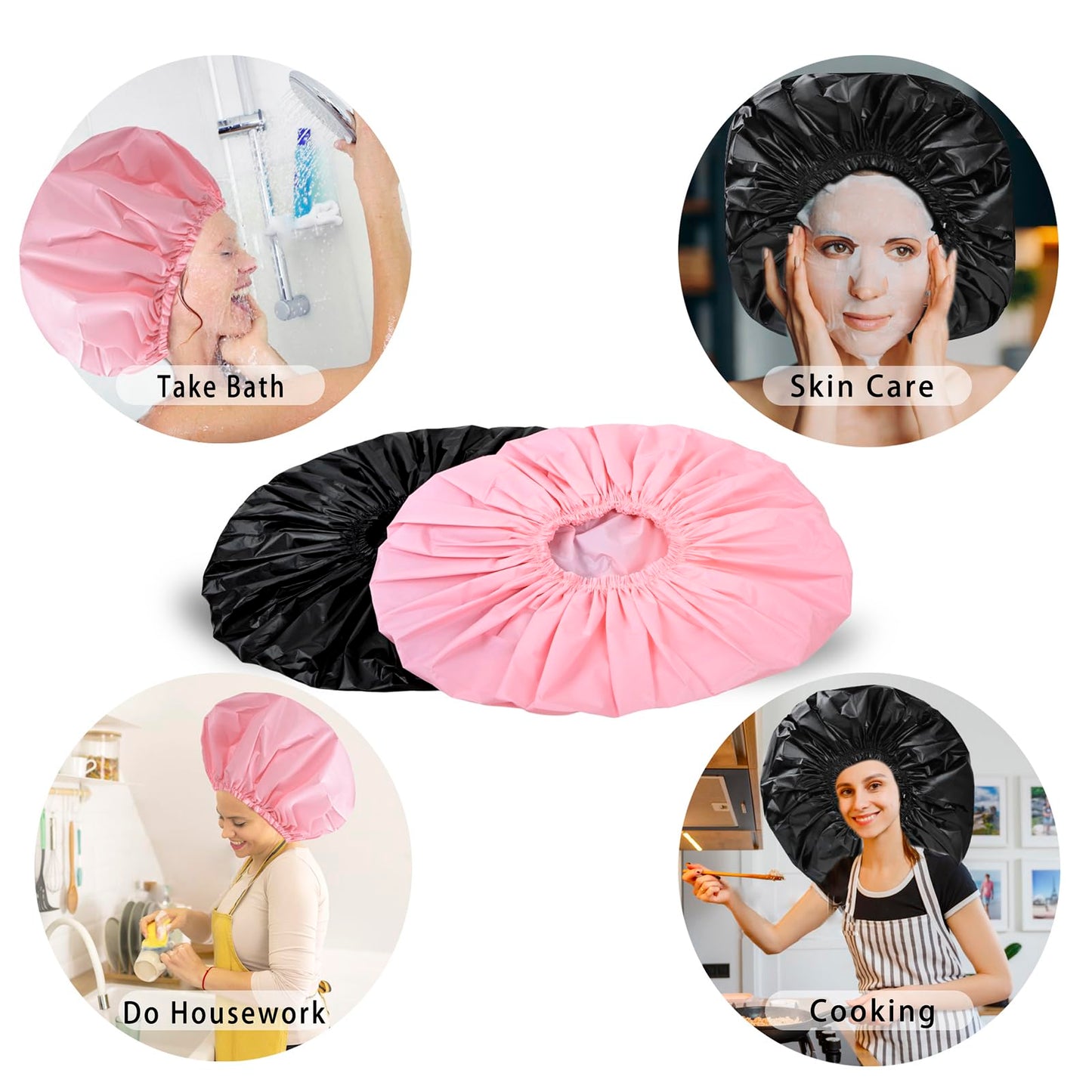 Extra Large Shower Cap 2 PCS Waterproof Shower Caps for Women, Super Jumbo Shower Cap, Reusable Super Large Bath Caps Hair Cap for Long Thick Curly Hair, Locs, Twist Braids - Black + Pink