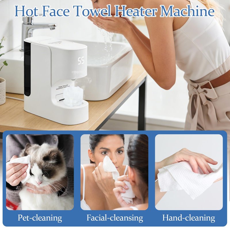 Hot Face Towel Warmer with Voice Alert - 5-Second Fast Heating & Automatic Dispenser, Constant 55°C (131°F) Temperature Control, Includes 20 Compressed Towels (Towel Machine)