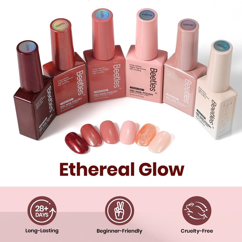Beetles 22 Pcs HEMA-Free Gel Nail Kit with U V Light - 6 Color Pink Nude Red Pearl White Gel Polish Set Ethereal Glow Gift-Ready Package DIY Salon Portable Manicure Kit Mothers Day Gifts for Women