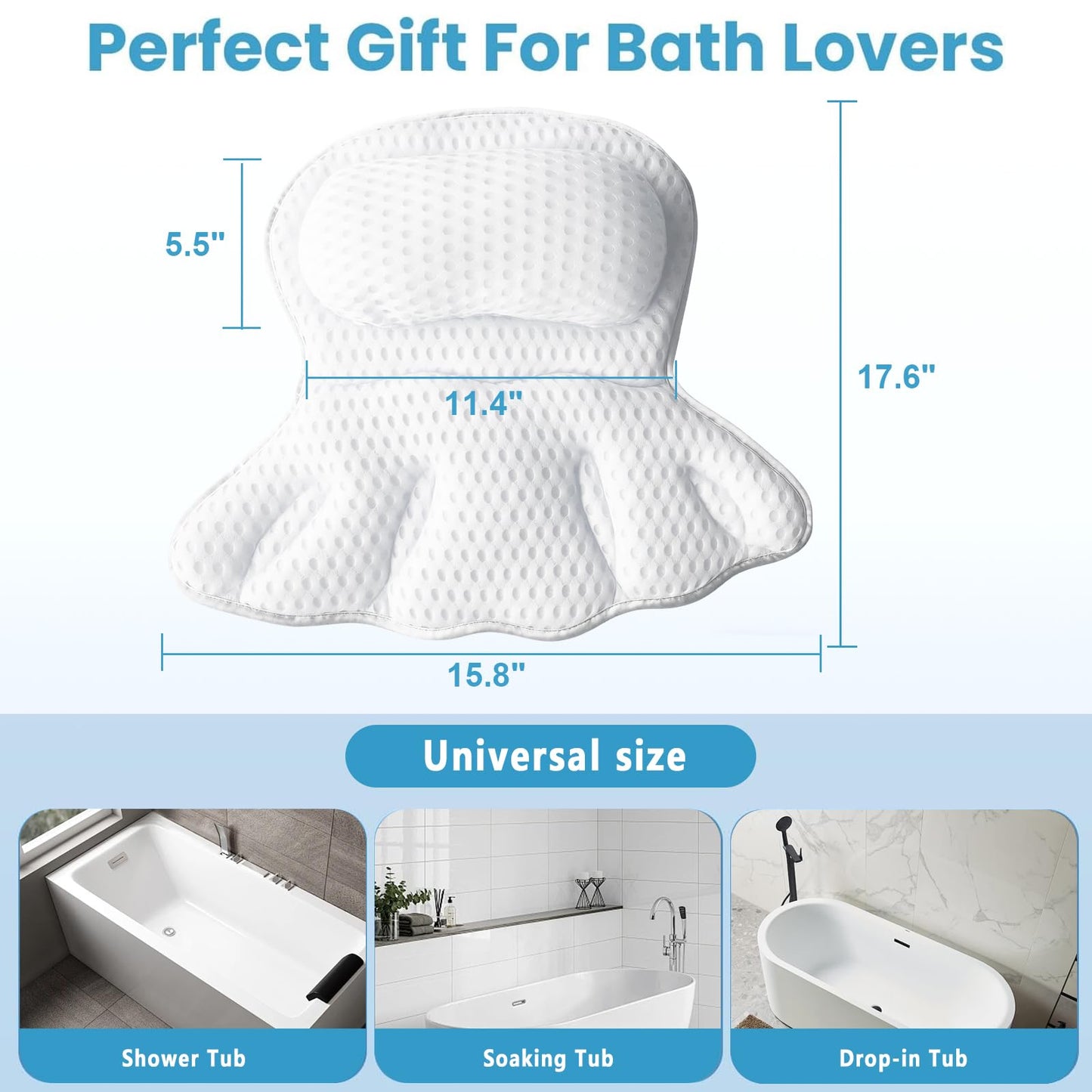 Luxury Bathtub Pillow, 4D Air Mesh Soft Bath Pillows for Tub, Ergonomic Neck & Back Support, Non-Slip Suction Cups Head Neck Support Hot Tub Pillow, Spa Bath Accessories Gift for Women White