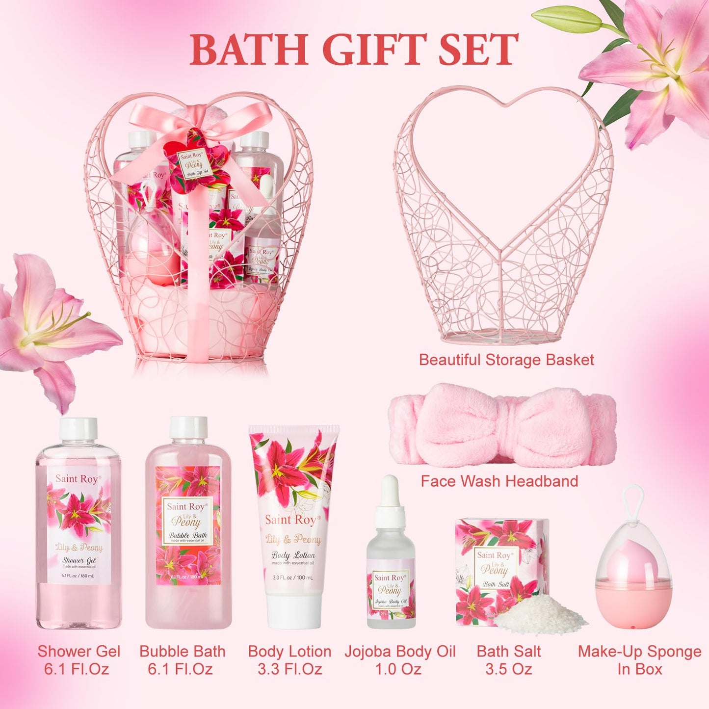 Spa Gift Basket Gifts for Mom Gifts Basket Christmas Gifts for Women Spa Set Lily & Peony Home Spa Set, Beauty Personal Care Set Jojoba Oil, Spa Self Care Kit, Bath Body For Thank You, Birthday