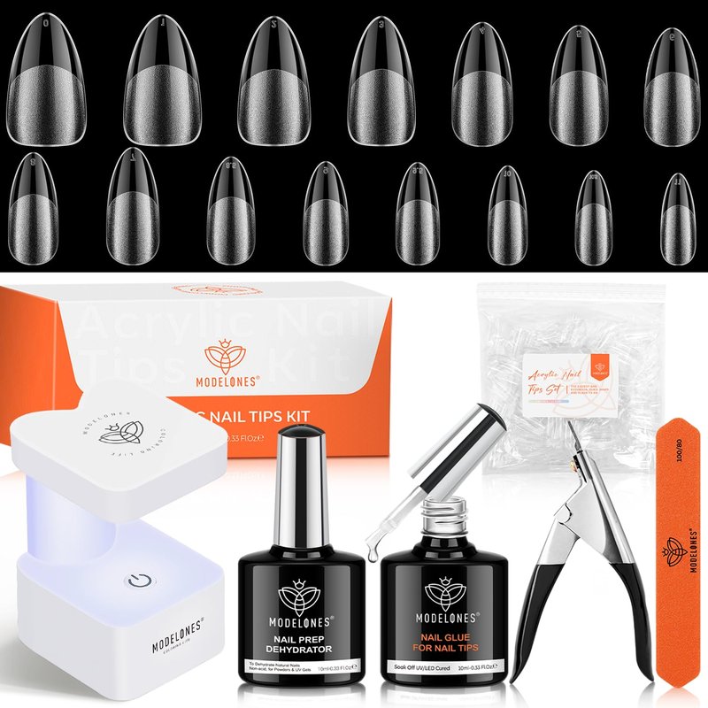 Modelones X Nail Gel Kit - 15 Sizes Almond Fake Nails with 9-in-One Glue & Mini UV Light | 510 Pcs Medium Almond Tips for DIY Salon Use