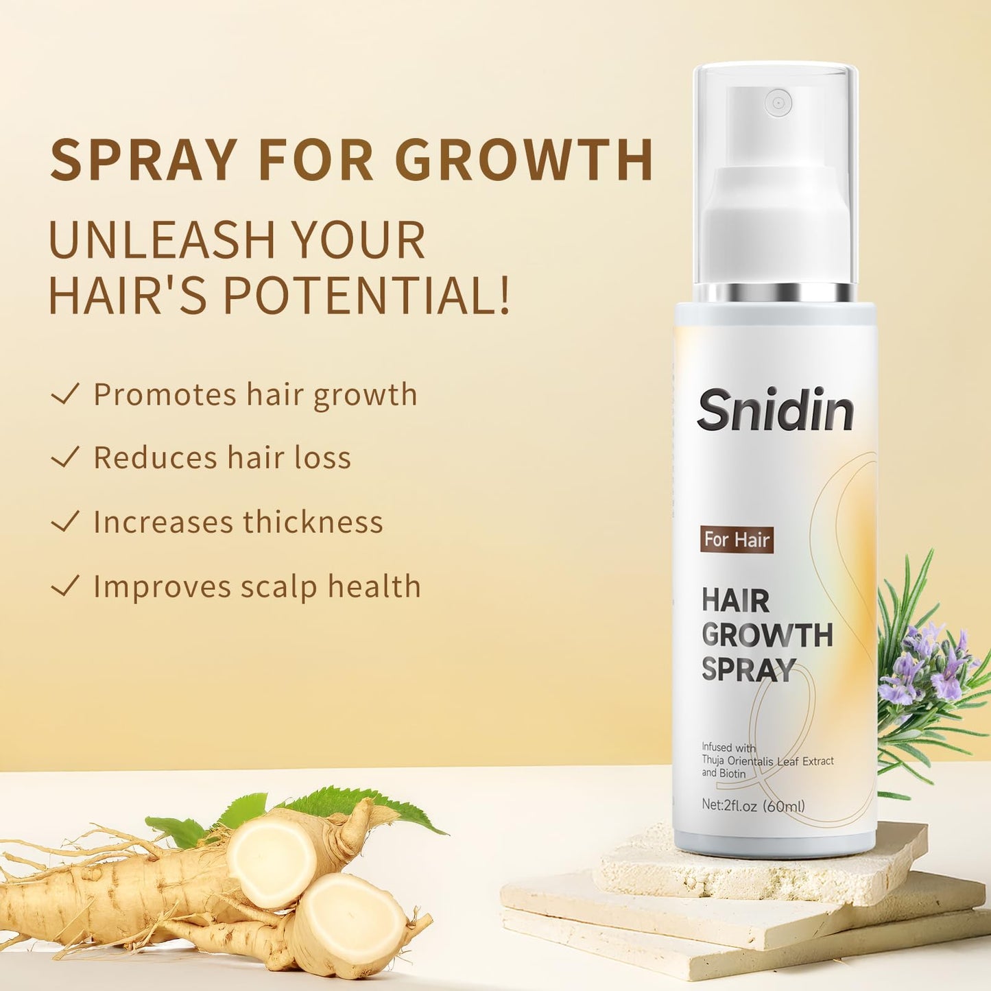 Snidin Hair Growth Spray –Biotin & Rosemary oil -Multi-Effect Scalp Treatment for Thinning Hair – With Ginseng & Arborvitae for Strengthening & Shine – 60ml per Bottle