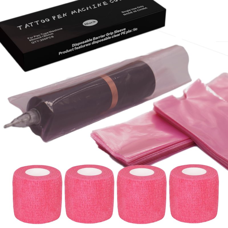MIUXIA 200 Pink Tattoo Pen Covers 4 Grip Tapes Large Tattoo Machine Covers Tape Wrap Supplies