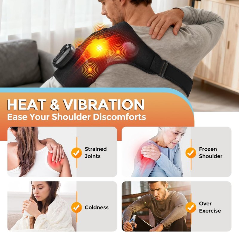 Cordless Shoulder Heating Pad - Portable Heated Wrap for Pain Relief | 5 Heat & Vibration Settings
