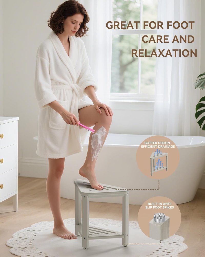 Shower Foot Rest 15in, HDPE Waterproof Shower Stool for Inside Shower, Corner Shower Stool for Shaving Legs with Storage Shelf for Small Space, Shower Step Stool, Plastic Corner Shower Bench, Beige