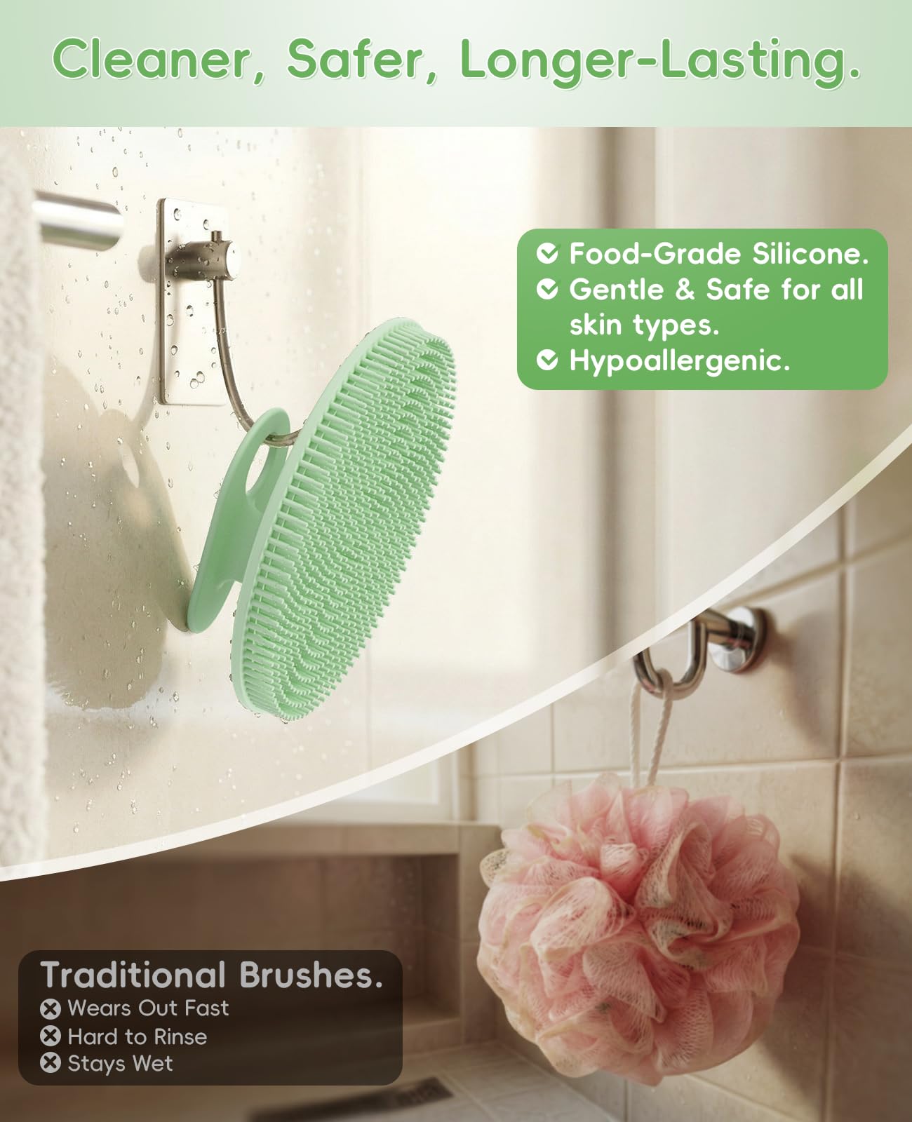 Soft Silicone Shower Brush Body Wash Bath Exfoliating Skin Massage Scrubber, Dry Skin Brushing Glove Loofah, Fit for Sensitive and All Kinds of Skin(Mint+Black)