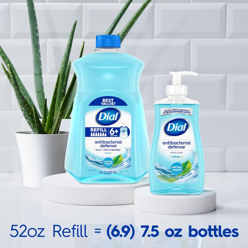 Dial Antibacterial Defense Liquid Hand Soap + Aloe, Spring Water Scent, 52 Fl Oz Hand Soap Refill (Pack of 3), Dermatologist-Tested, Gentle Formula