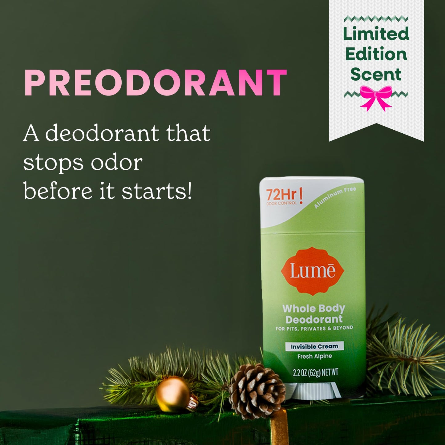 Lume Whole Body Deodorant - Invisible Cream Stick - 72 Hour Odor Control - Aluminum Free, Baking Soda Free, Skin Safe - 2.2 Ounce (Pack of 2) (Fresh Alpine)