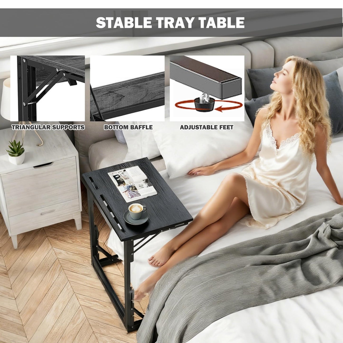 Folding TV Tray Table,TV Dinner Tray Table,Adjustable Height TV Trays for Eating on Couch,C Shaped End Table with Tablet and Phone Slots,Foldable Side Table&Laptop Desk for Sofa&Bedside&Recliner