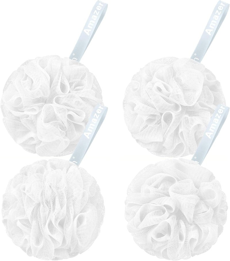 AmazerBath Exfoliating Loofah Sponge Set - 4 Large Bath Scrubbers | Snow White, 75g Each
