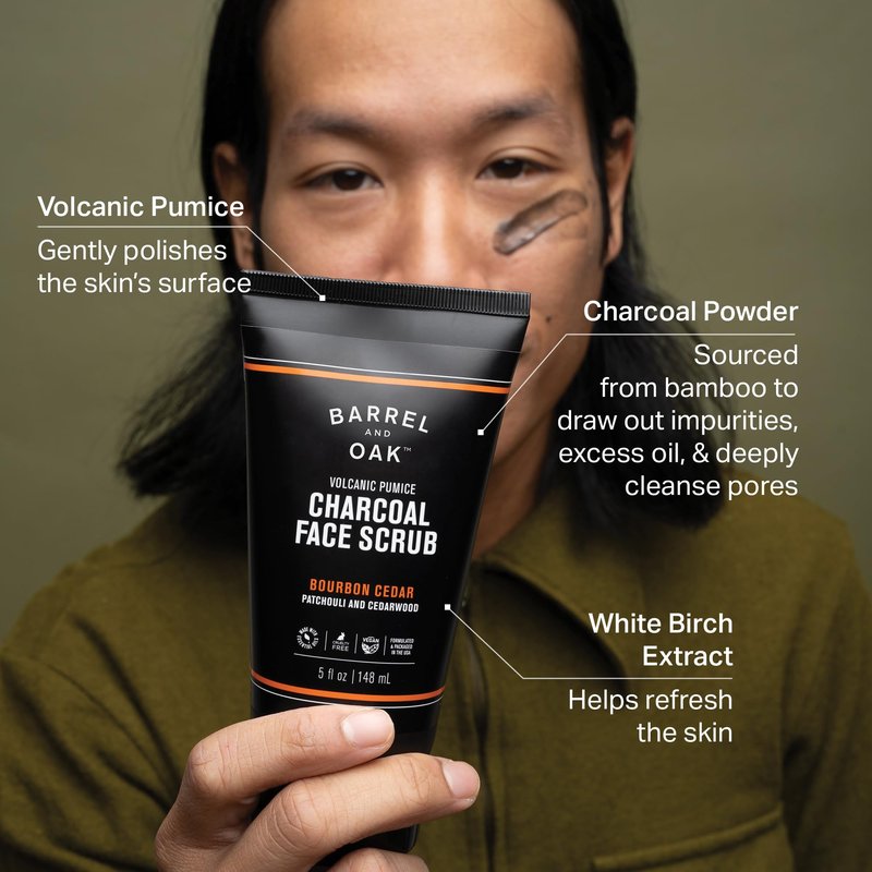 Barrel and Oak Volcanic Pumice & Charcoal Face Scrub for Men, Deep Exfoliating Face Scrub for Dead Skin & Clogged Pores, Promotes Healthy Beard Growth, Vegan, Bourbon Cedar, 5 oz