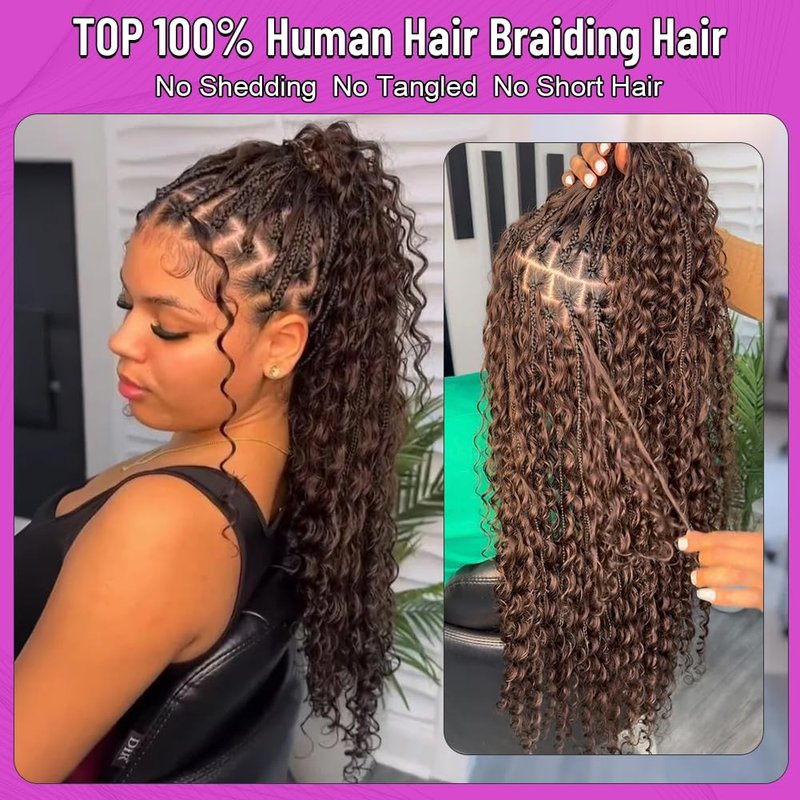 100% Human Hair Boho Braiding Hair - Deep Wave Curly Bundles for Braids | 18 Inch, #4 Natural Brown