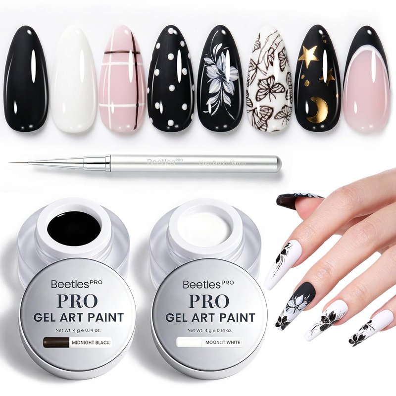 Beetles PRO Black & White Nail Art Gel - 2PCS UV-Cure Gel Paint with 10mm Liner Brush | Perfect for Floral Designs & French Tips