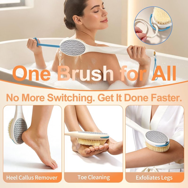 BUBBLEDANCE® Foot Scrubber & Callus Remover, 2-in-1 Long Handle Foot Brush with Stainless Steel Scraper and Hard Nylon Bristles, Exfoliating Feet Scrubber Dead Skin Remover for Shower