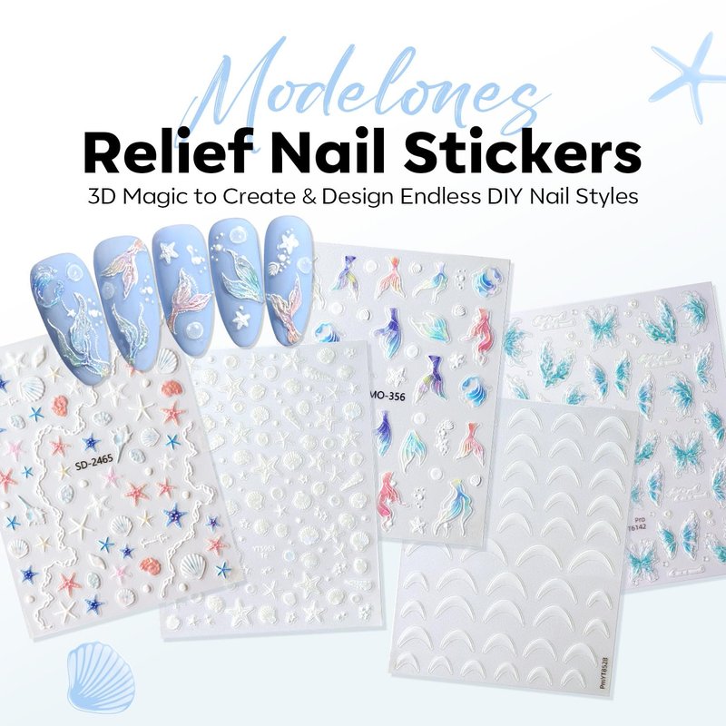 Modelones Nail Stickers - 3D Embossed Ocean Blue Mermaid Shells & Pearls for Stunning Nail Art | DIY Supplies for Women & Kids