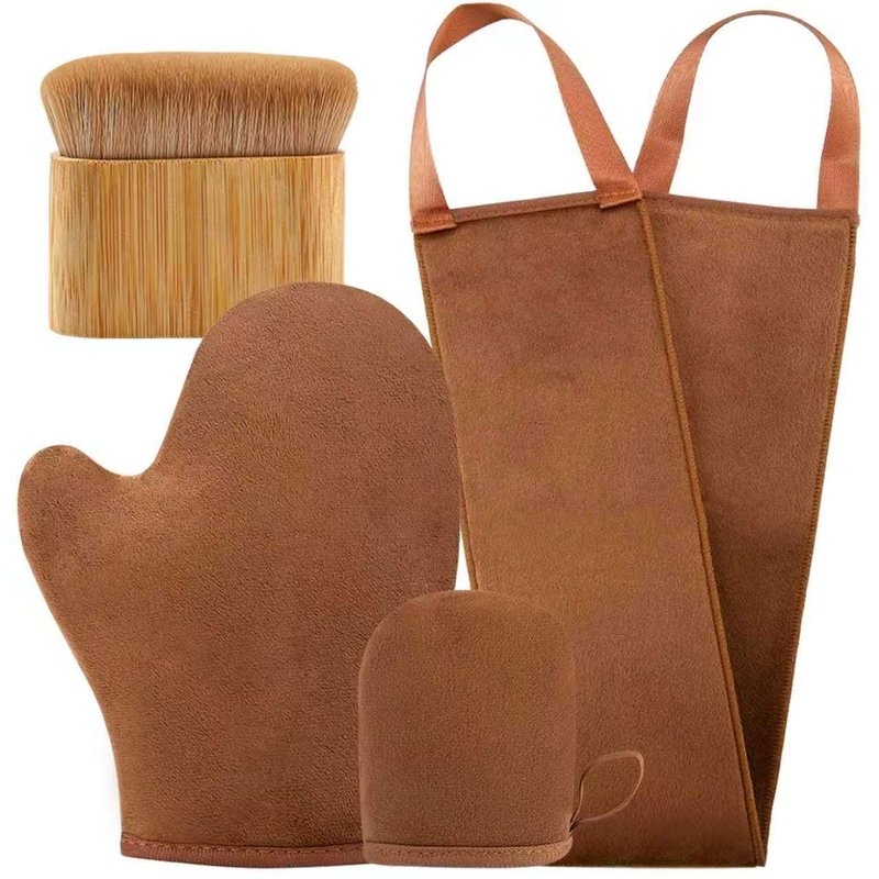 FUNAN Self Tanning Applicator Kit with Tanning Glove for Self Tan Mitt, Back Lotion Applicator, Mini Mitt and Ultra Soft Self Tanner Brush Bamboo Kabuki Brush, Brown