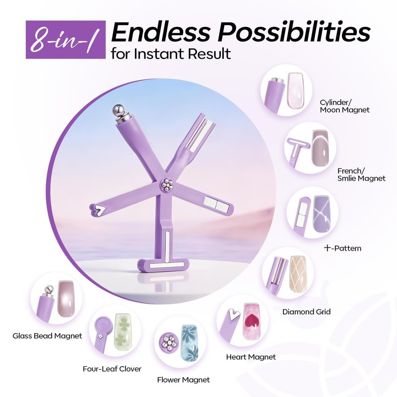 Modelones Cat Eye Gel Nail Polish Magnet, 8-in-1 Cat Eye Magnet Tool for Gel Nails Strong Magnetic Nail Art Wand with Steel Ball, Glass Bead& French Tip&Clover Cateye Multi-Effect Magnets DIY Salon
