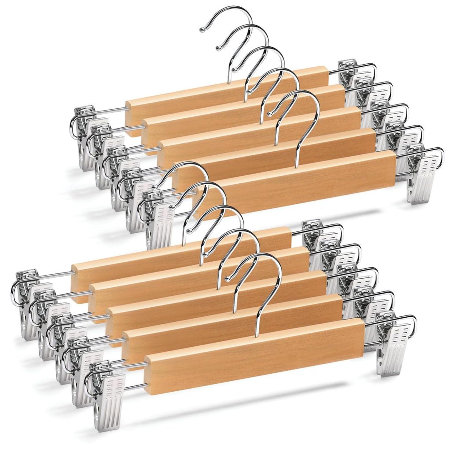 10 Pack Wooden Pants Hangers with Clips - Smooth Finish Solid Wood Skirt Hangers Space Saving - Natural Wood Color - Clip Hanger for Pant, Skirts, Shorts, Tanks, Blankets, and Dresses.