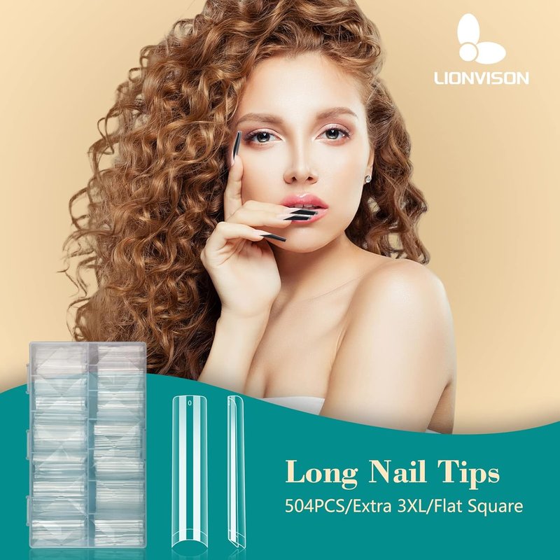 LIONVISON 504PCS Clear Nail Tips - 3XL Extra Long Flat Tapered Square for Acrylic Nails | 12 Sizes