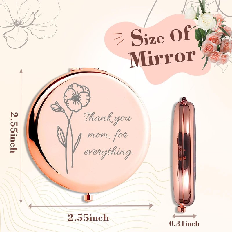RSQGT Personalized Compact Mirror Custom Engraved with Birth Flowers and Text, Dual-Sided Small Mirror for Travel, Purse Bridesmaid Wedding Birthday Gift for Mom Friend Sister (Rose)