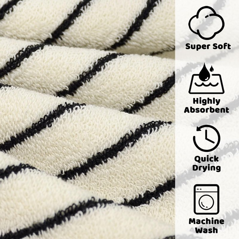 Jacquotha Striped Cotton Washcloths 4 Pack, 13” x 13” - Soft Wash Cloths for Bathroom, Kitchen, Gym, Face, Black and Cream