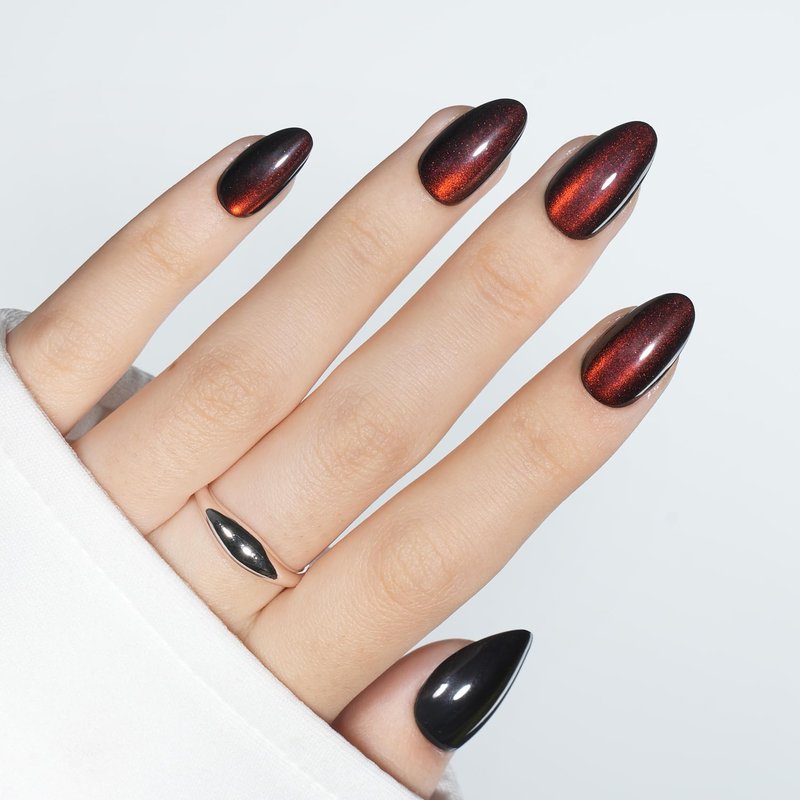 Red Cat Eye Press On Nails Almond - Short Almond Fake Nails with Nail Glue, Brown Red Cateye Press On Nails Reusable Stick On Nails in 16 Sizes 32 Nail Kit for Women & Girls | Salon Quality