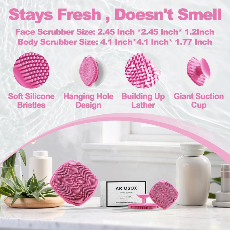 ARIOSOX 2 Pack Face Scrubbers, Silicone Body Scrubber Soft Bristles, Gentle Lather, Exfoliating & Deep Cleaning for Sensitive Skin, Giant Suction Cup Stick Securely (Body+ Face Scrubber Pink)