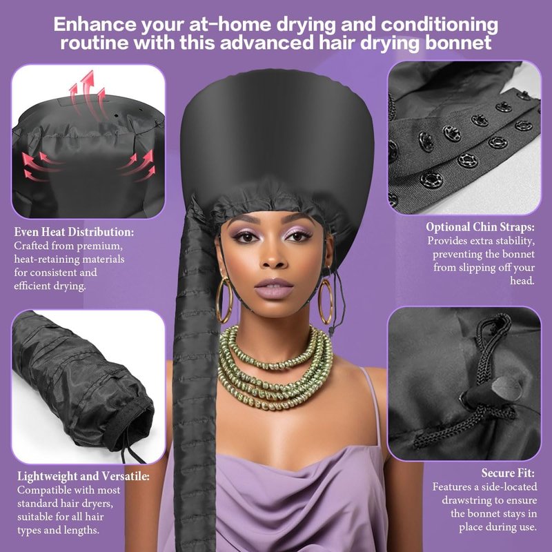 Hooded Hair Dryer Bonnet - Fast-Drying Bonnet for Natural Hair | Adjustable Fit, Portable & Lightweight (Black)