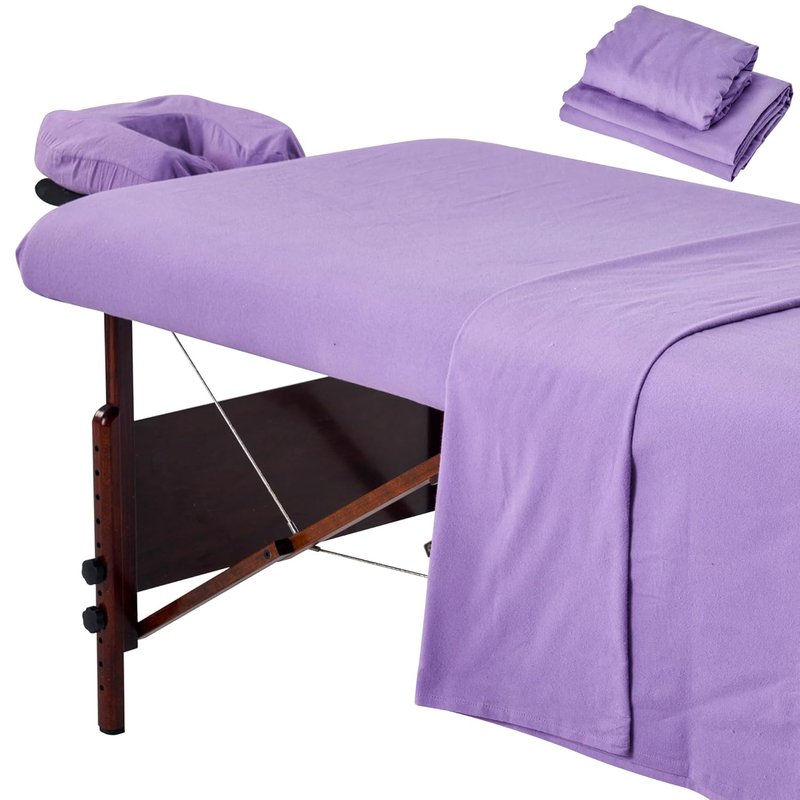 Master Massage 3-Piece Cotton Flannel Massage Table Cover Set - Purple Sheets for Spa & Beauty Salons